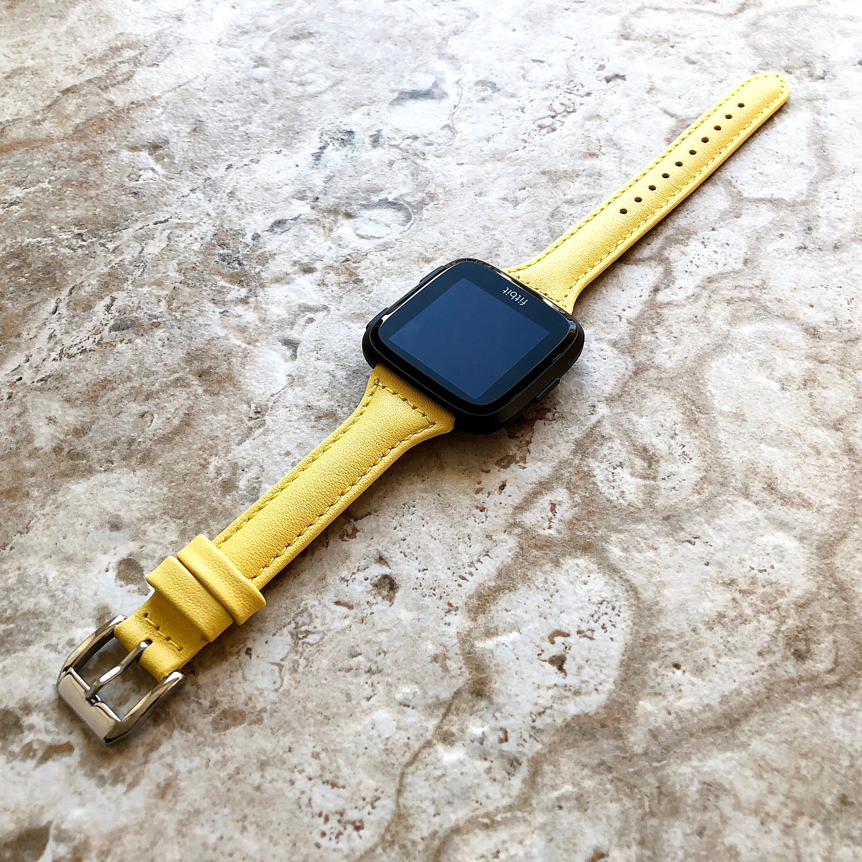 Fitbit Versa Lite 2 3 4 Sense 2 Band Yellow Slim Elegant Leather Strap with Stitching Details Quick Release Pins Adapters Silver Rose Gold